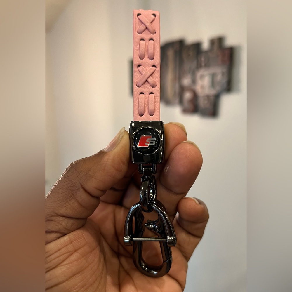 AUDI S Line Braided Pink Leather Black Keychain & Black Leather Key Fob Cover